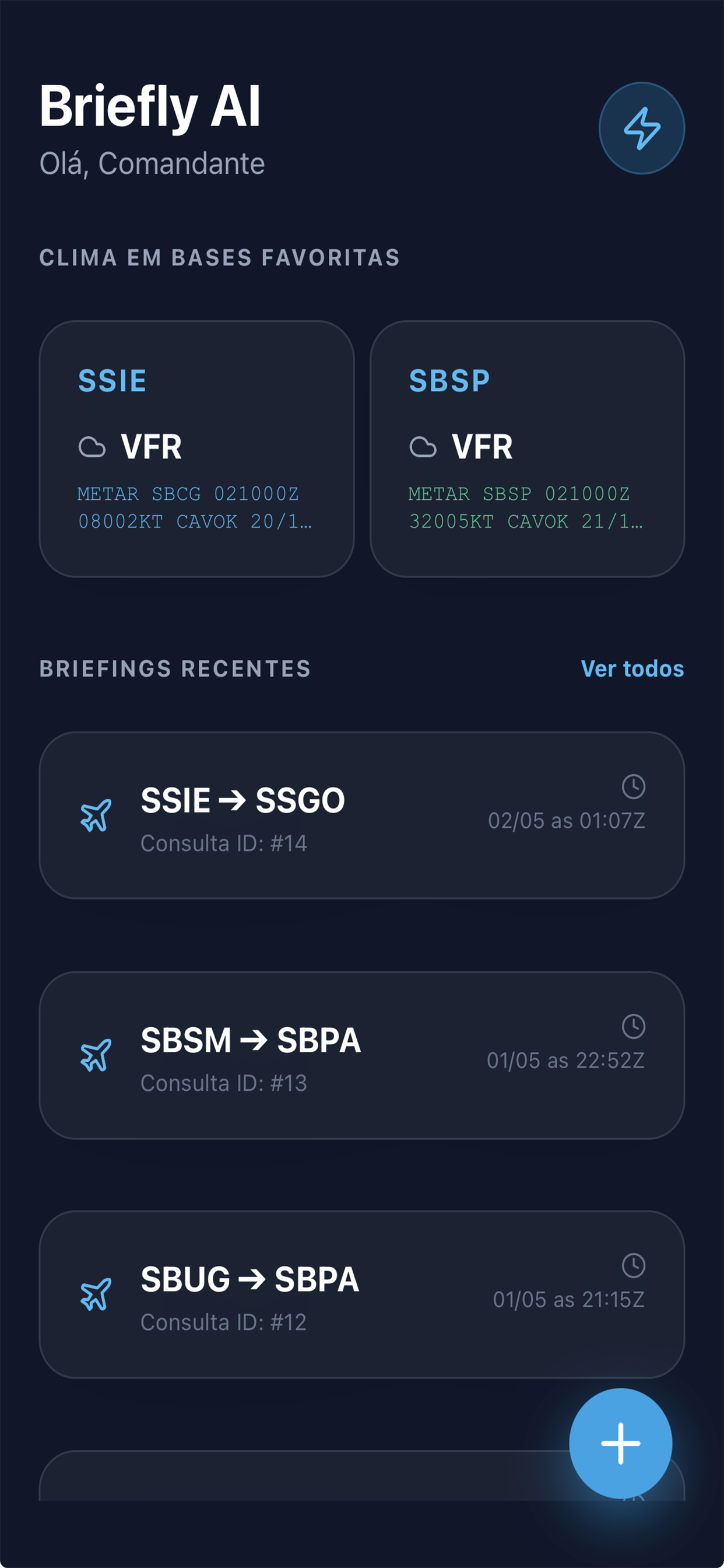 Tela do dashboard Brieflight AI com METAR das bases favoritas e briefings recentes