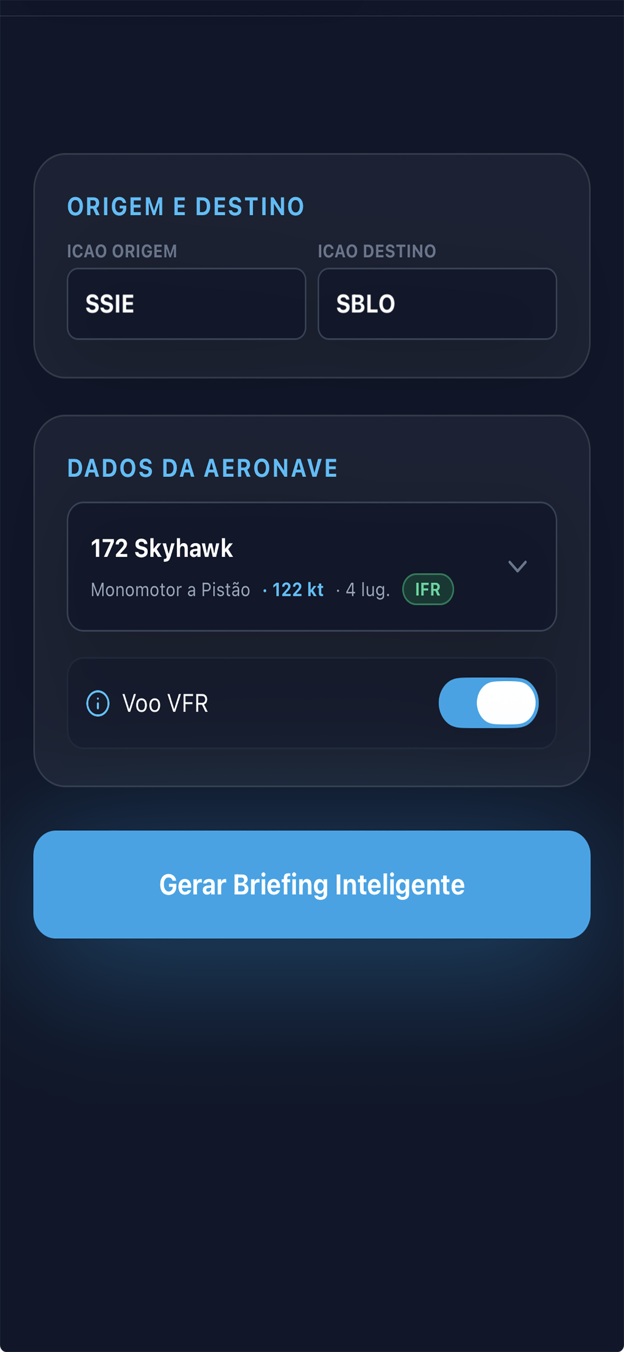 Tela Novo briefing com origem, destino, aeronave e seleção VFR ou IFR