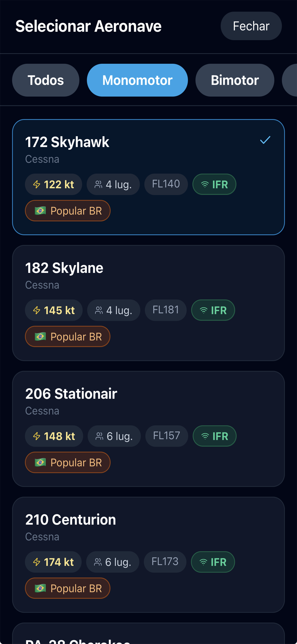 Lista de aeronaves com filtros por categoria e fichas com cruzeiro e teto