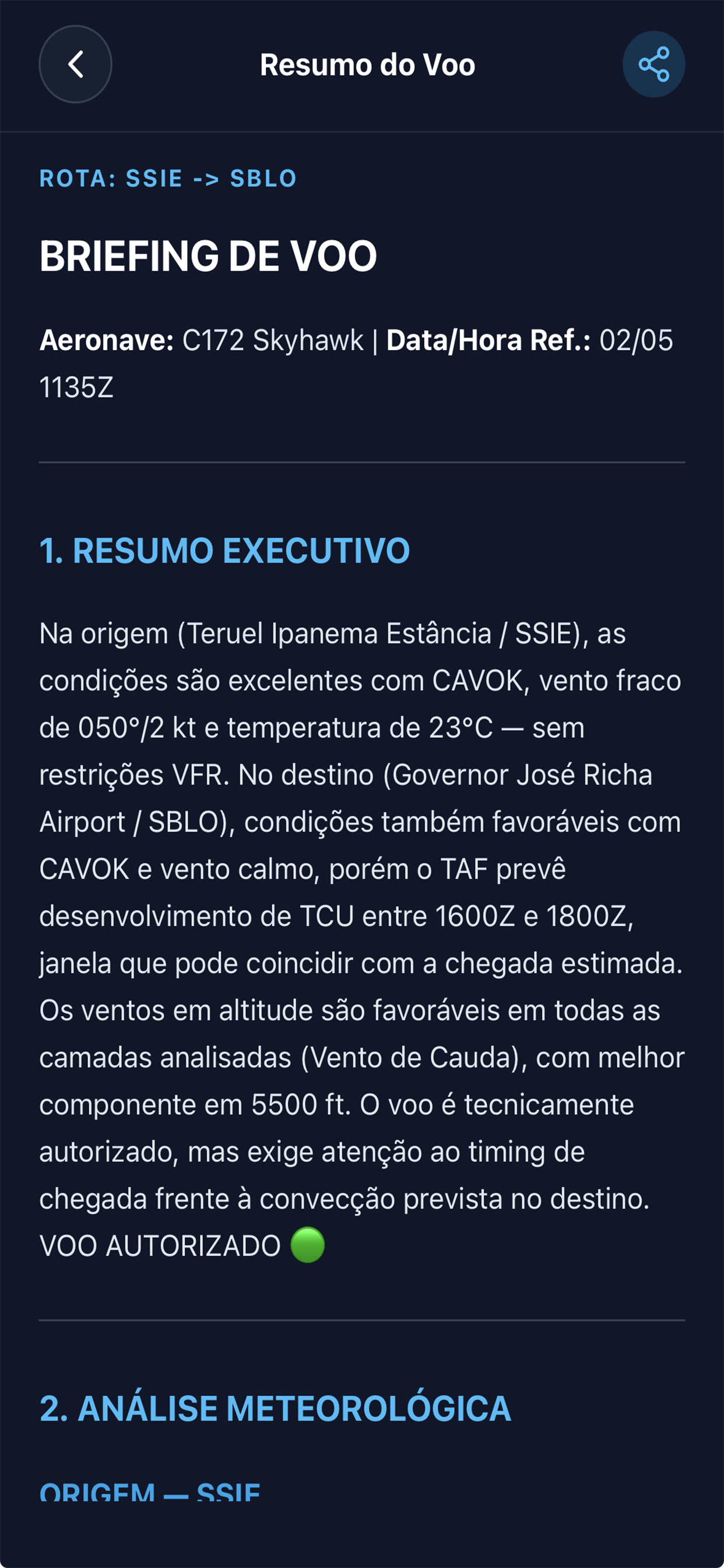 Resumo do voo com briefing executivo e veredito