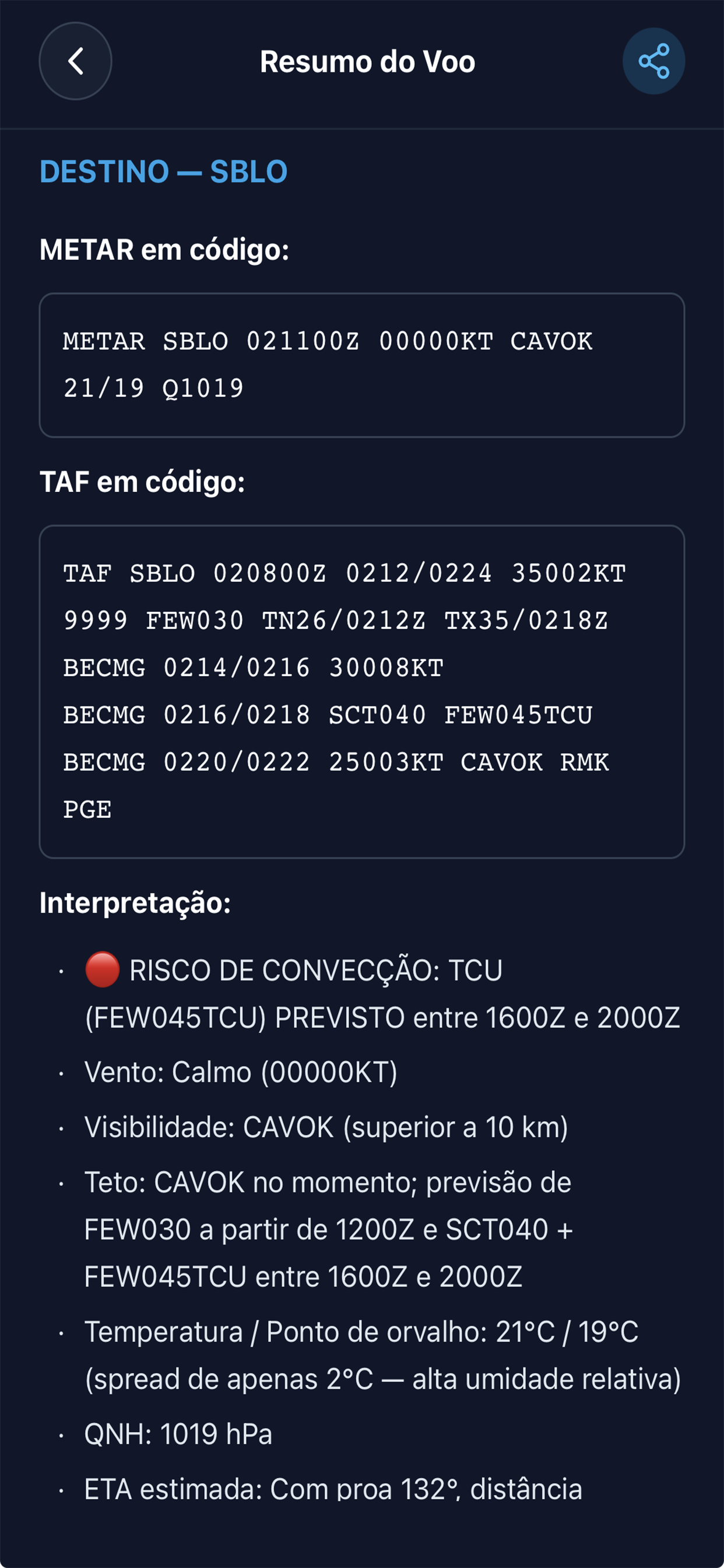 METAR e TAF no destino com risco de convecção