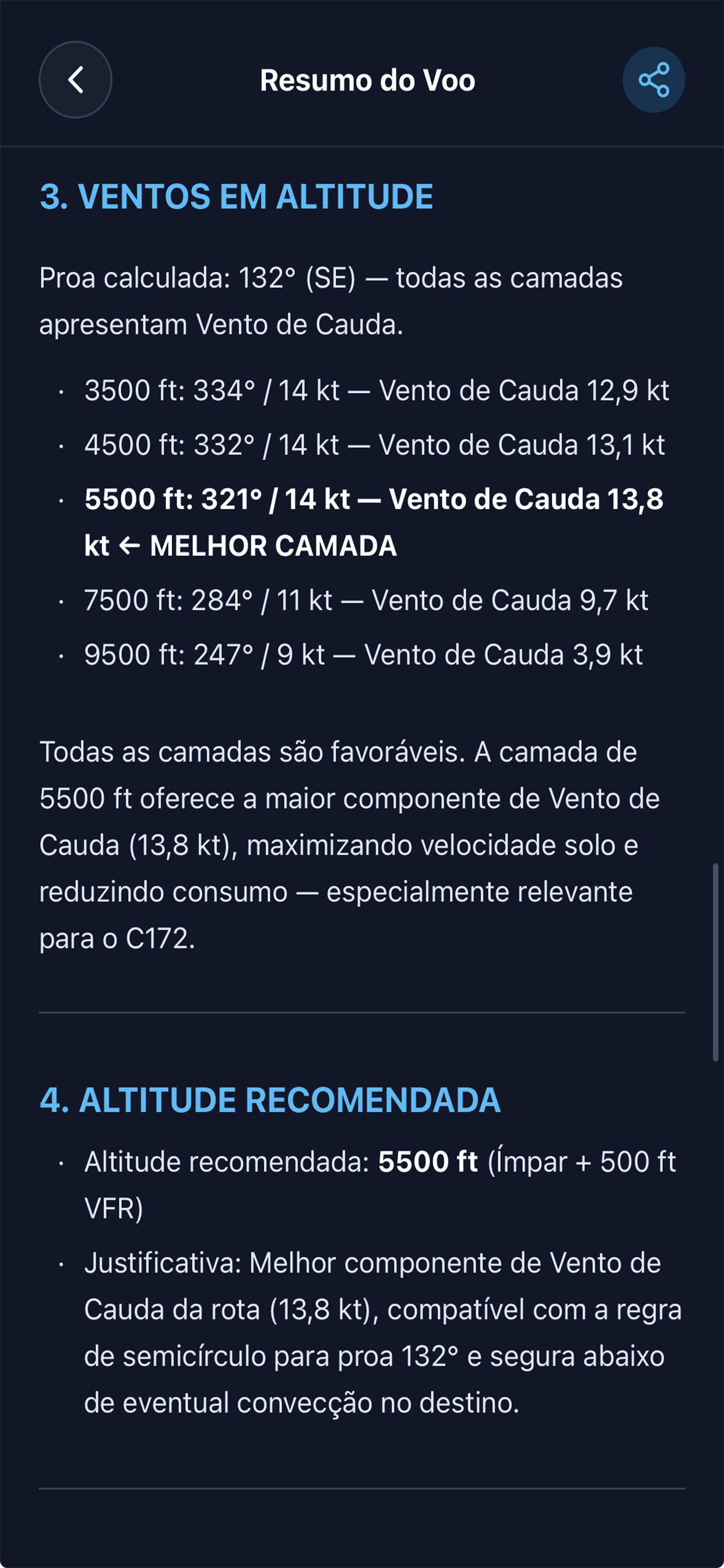 Ventos em altitude e altitude recomendada conforme semicírculo
