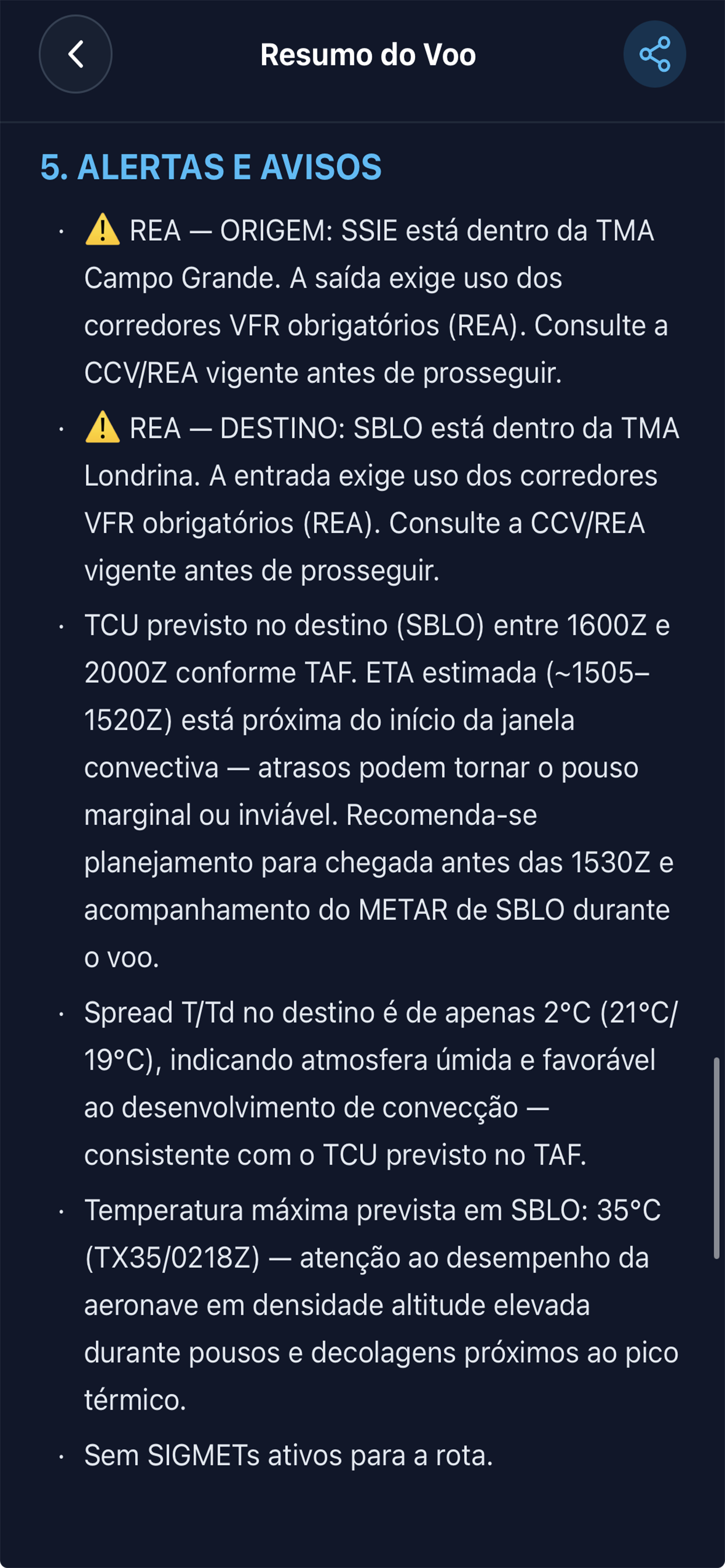 Seção de alertas REA, clima e SIGMET