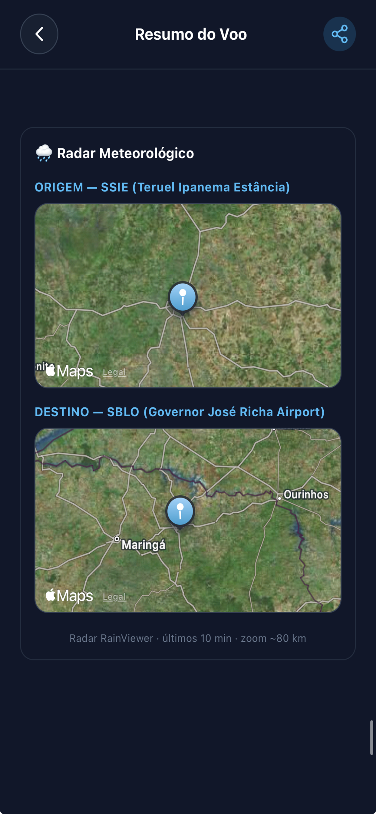 Mapas de contexto meteorológico origem e destino